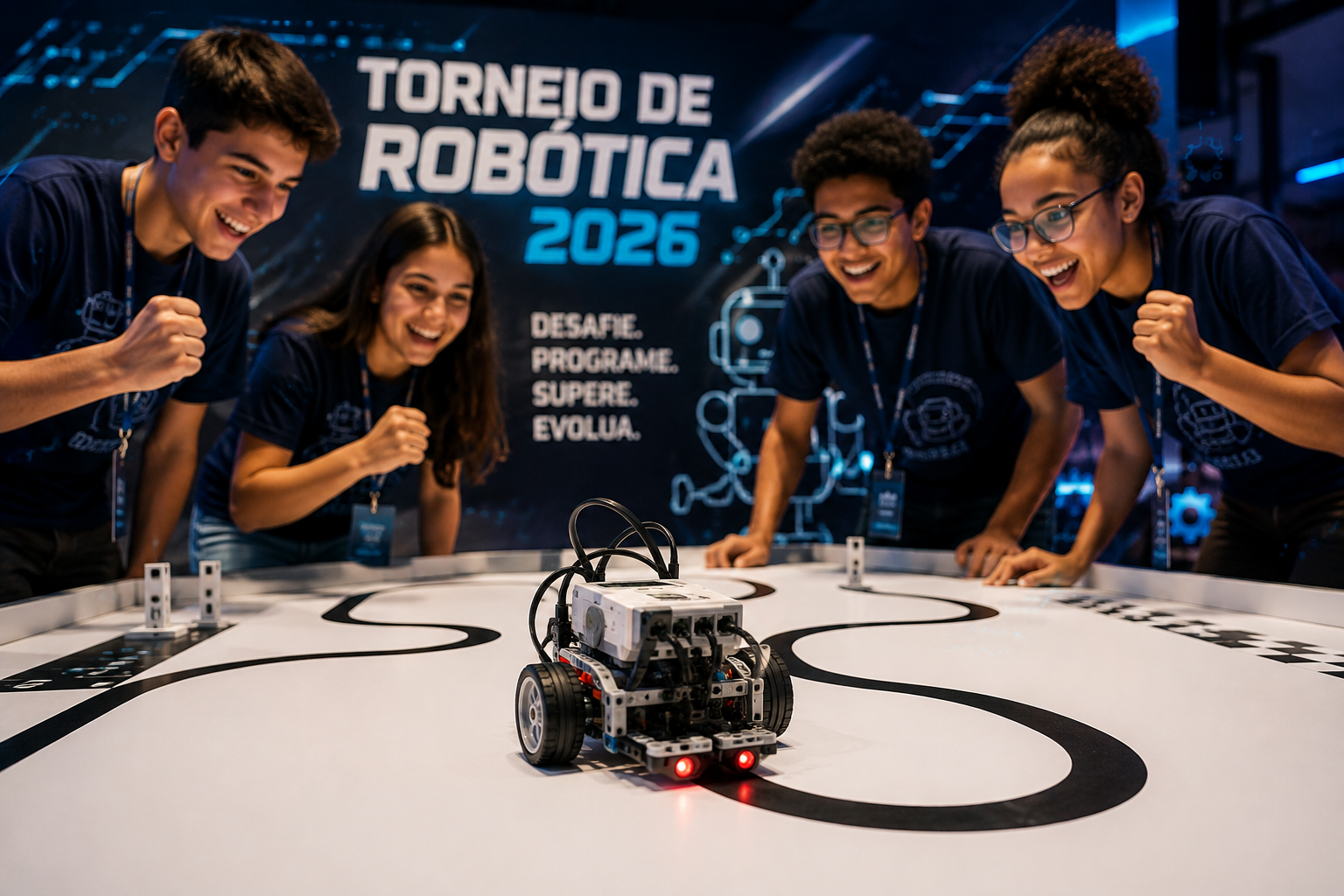 Estudantes construindo um robô em um laboratório escolar